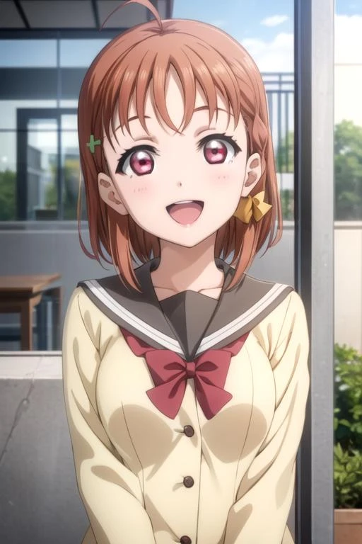 (((pixel-perfect, detail-perfect))), solo, 1girl, <lora:chika-lovelive-01:0.8>, chika takami, uranohoshi school uniform, bowtie, looking at viewer, smile, :d