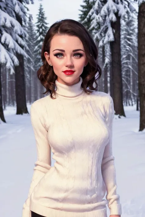 photo of manjadob-1700:0.99, a woman, ((pale skin):1.1), ((short hair):1.2), ((closeup, portrait):1.2), ((outdoors, forest, snow):1.3),((red lipstick,eyeliner, eye shadow):1.2), ((turtleneck sweater):1.2), ((best quality, masterpiece, extreme details, high resolution):1.2), ((beautiful eyes, detailed eyes, detailed face, beautiful face):1.2),