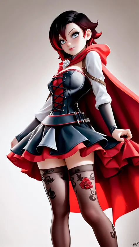<lora:rwby_rose_mistral-12:1> mistralrose, dress, corset, red cape, thighhighs