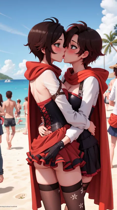 masterpiece,best quality,(smirk:0.5),pussy,blush,(wet:0.8),thighhighs,beach,ocean,outdoors,crowd,crowded beach,2girls,nude,multiple girls,kiss,french kiss,<lora:rwby_rose_mistral-12:0.8>,mistralrose,dress,corset,red cape,