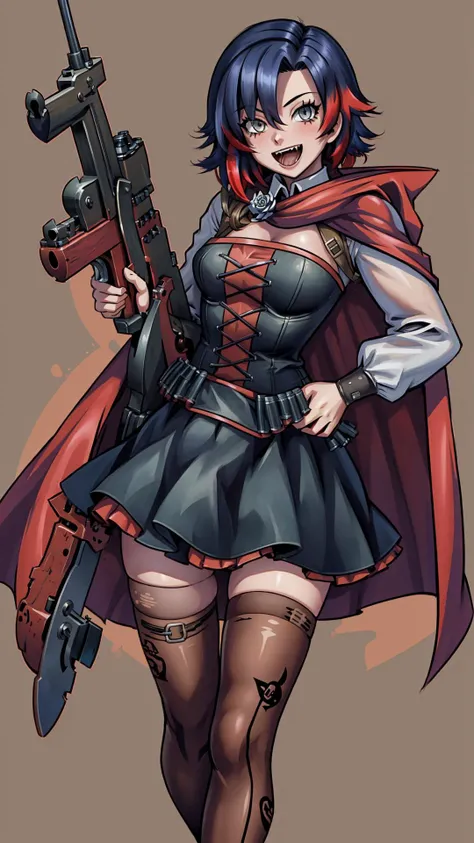 <lora:Tommy_Gun:0.8> thompson submachine gun, tommy gun, drum magazine, aiming, aiming at viewer, firing, (holding a tommy gun with both hands:1.25), BREAK, <lora:rwby_rose_mistral:1> mistralrose, 1girl, black hair, red streaked hair, dress, corset, red cape, thighhighs, laughing,