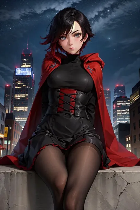 1girl, cowboy shot, solo, 1girl, ruby rose, looking at viewer, arms behind back, black dress, long sleeves, red cape, pantyhose, night, cityscape, street, masterpiece, best quality,  <lora:Char - RubyRosev2:1>, sitting, from below,