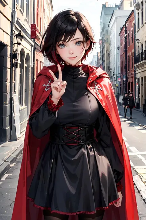 ((best quality)),((masterpiece)),(detailed),(realistic),(8k), (4k), <lora:rwby_rose:1> , cowboy shot, solo, 1girl, ruby rose, cute, smile, closed mouth, looking at viewer, peace sign:1, black dress, long sleeves, red cape, pantyhose, outdoors, school background behind her,