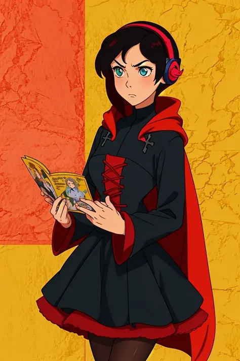 1girl, cowboy shot, solo, 1girl, ruby rose, black dress, long sleeves, red cape, pantyhose, night, masterpiece, best quality, <lora:Char - RubyRosev2:1>, jumping, serious expression, headphones, reading magazine, convent store,