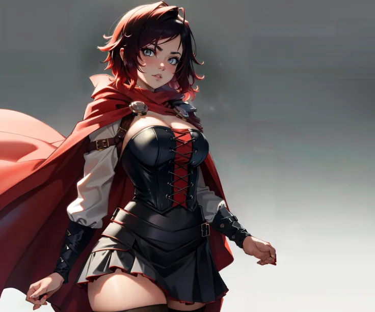 (masterpiece, best quality, ultra detailed, absurdres)1.5, 1girl, (sexy, beautiful woman, perfect face, perfect eyes, perfect female body, huge breasts)1.5, (mistralrose, dress, corset, skirt, red cape, thighhighs, black boots, <lora:rwby_rose_mistral-12:1>), (standing, outdoors, ruins, ruined city), perfect lighting, smooth, hdr