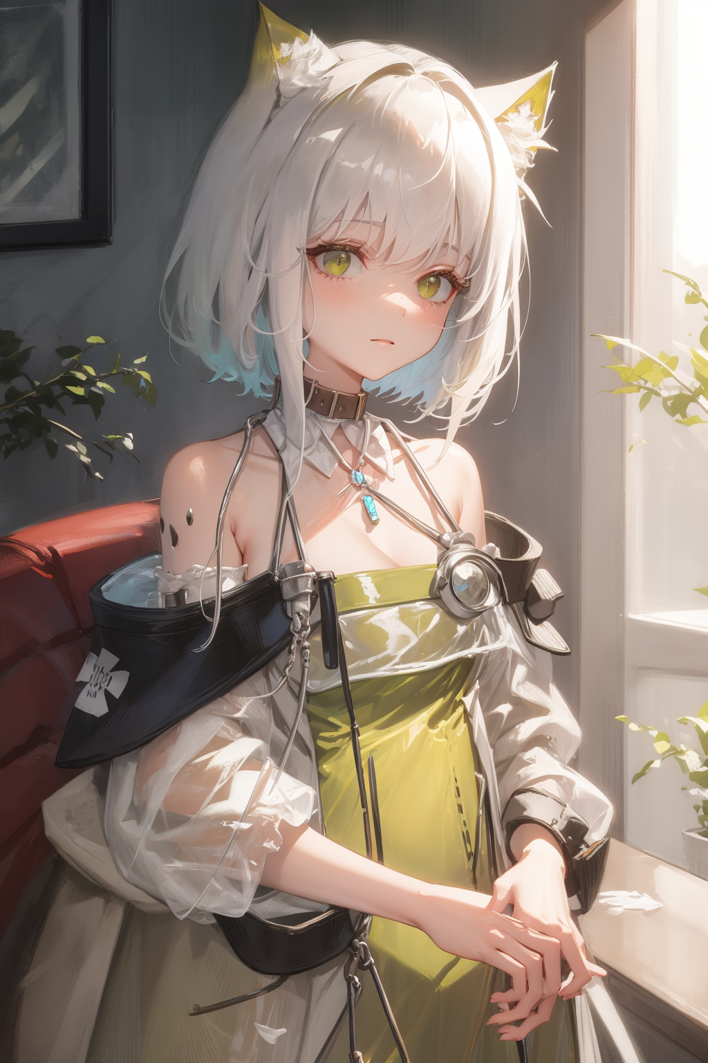 A woman in a dress and cat ears is standing by a window - SeaArt AI
