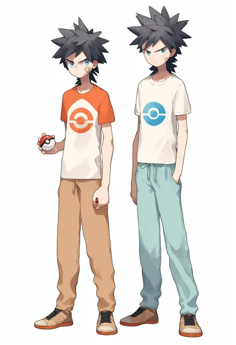 white backgrond, simple background, watercolor, 1boy, standing, full body, serious, spiked hair, black hair, blue eyes, tshirt, saggy pants, brown fooutwear, holding pokeball, bandaid on face <lora:Pokemon_Gen_4_5_and_6_style_for_Pony_Diffusion:1>, score_9, score_8_up, score_7_up, score_6_up, score_5_up, score_4_up, BREAK source_anime, masterpiece