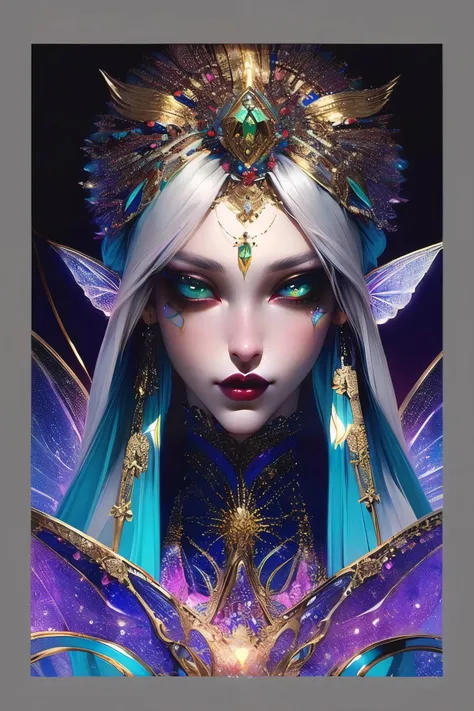 (((gold, silver, glimmer)), faerie),limited palette,contrast,phenomenal aesthetic,best quality,sumptuous artwork,portrait,1girl,multicolored hair,straight_hair,long hair,grey gradient hair,green eyes,red eyeshadow,longeyelashes,beautiful_detailed_eyes,thick lips,forehead jewel,jewelry,necklace,magazine cover,<lora:Magazine:1>,Concept art,tarot cards,borders,<lora:kapaiV2:1>,