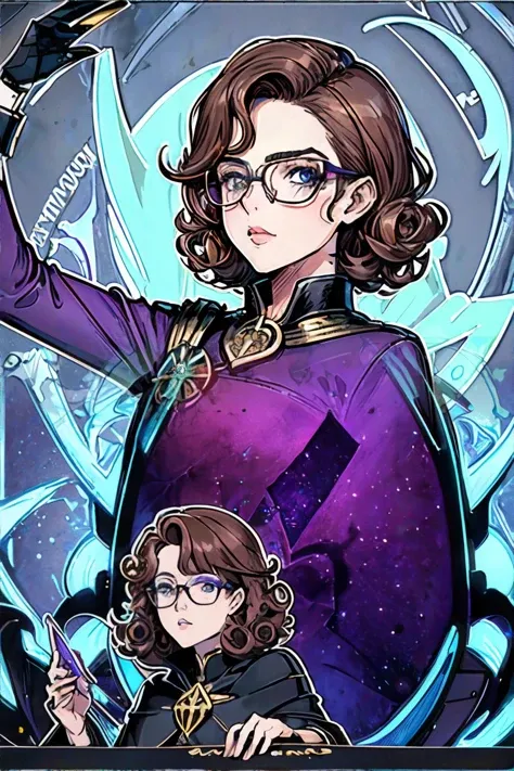 <lora:bzl:0.7>, <lora:gamecard:0.6>, Concept art, tarot card, flat illustration, bzl_test, short curly brown hair, (grey|blue) eyes, glasses, purple || masterpiece, perfect quality, sharp focus, shallow depth of field, 8k