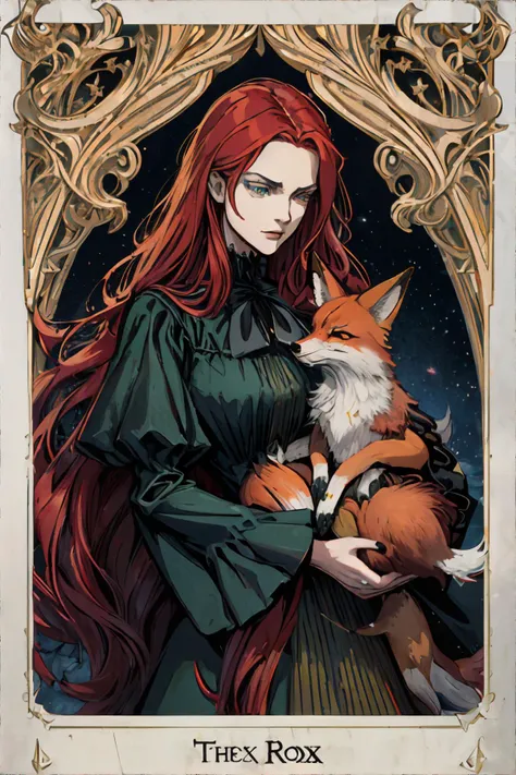 <lora:gamecard:0.5>, Concept art, tarot card, flat illustration of a woman with long red hair, wearing victorian dark green dress, holding a fox || masterpiece, perfect quality, sharp focus, shallow depth of field, 8k