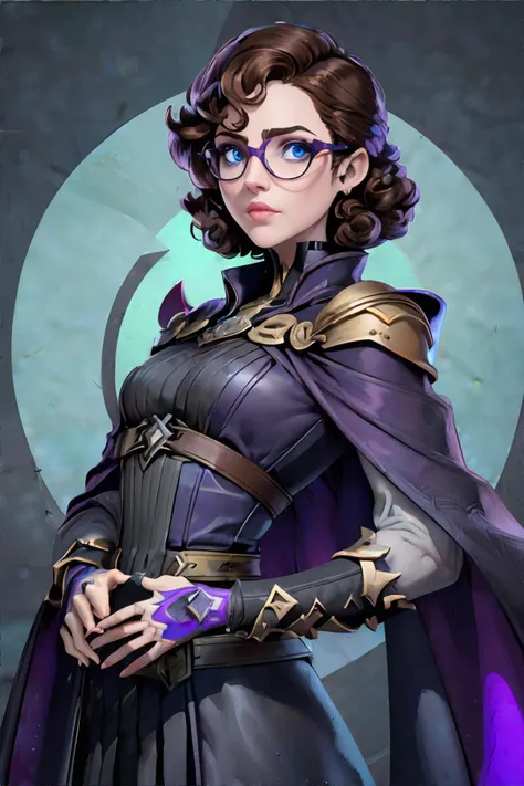 <lora:bzl:0.7>, <lora:gamecard:0.6>, Concept art, tarot card, flat illustration, bzl_test, short curly brown hair, (grey|blue) eyes, glasses, purple || masterpiece, perfect quality, sharp focus, shallow depth of field, 8k