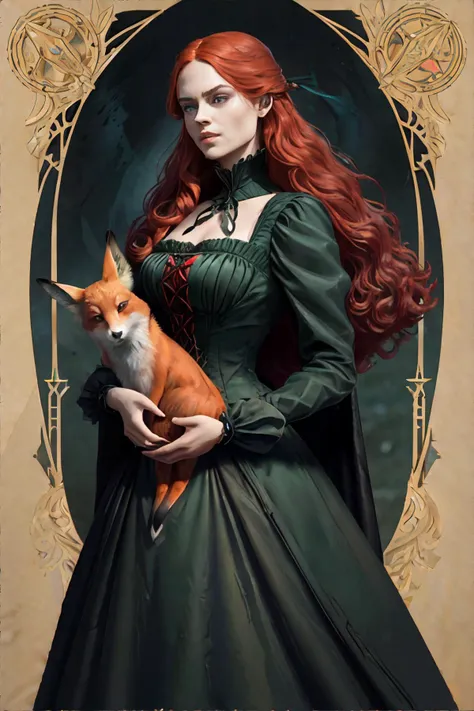 <lora:gamecard:0.5>, Concept art, tarot card, flat illustration of a woman with long red hair, wearing victorian dark green dress, holding a fox || masterpiece, perfect quality, sharp focus, shallow depth of field, 8k