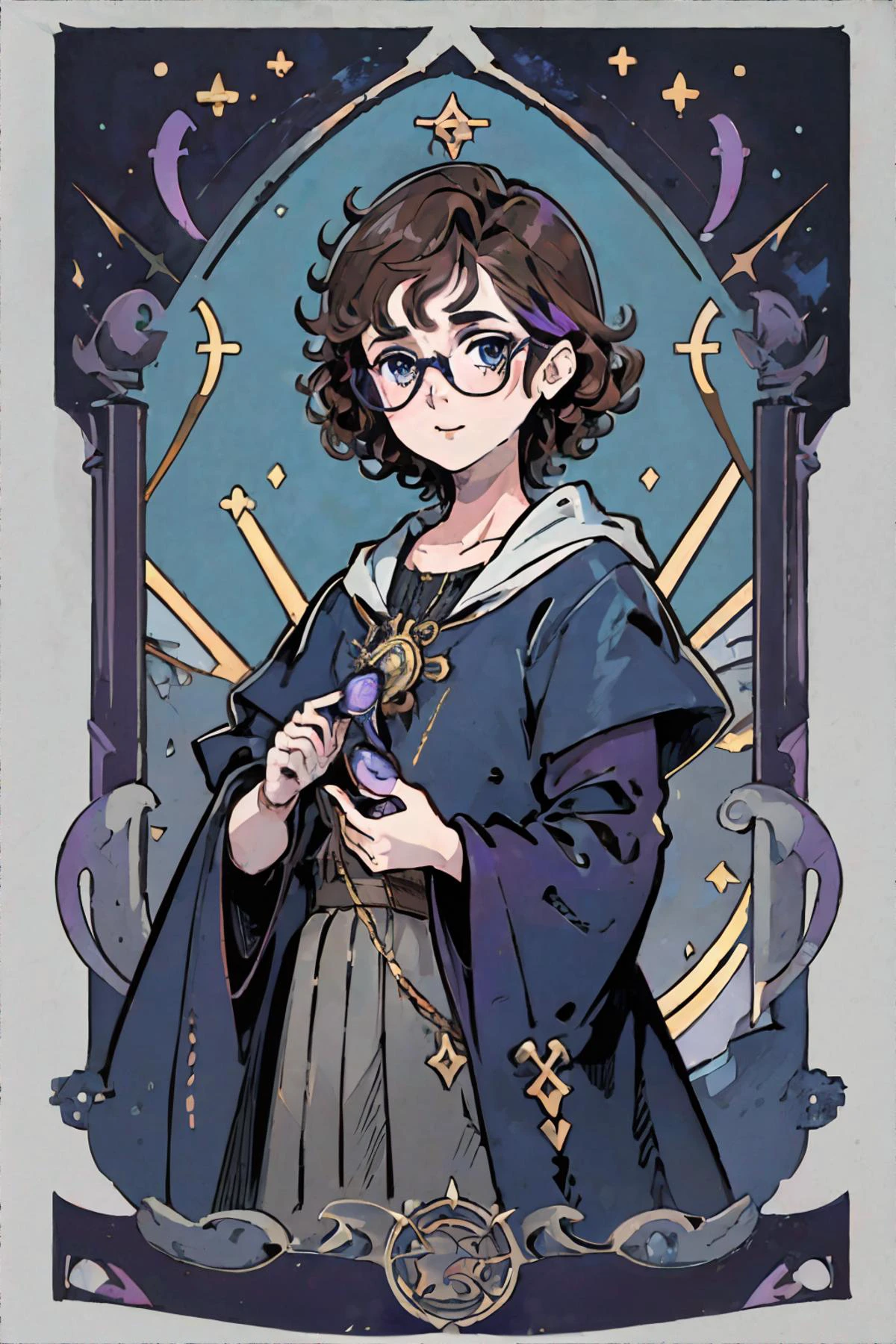 <lora:bzl:0.7>, <lora:gamecard:0.6>, Concept art, tarot card, flat illustration, bzl_test, short curly brown hair, (grey|blue) eyes, glasses, purple || masterpiece, perfect quality, sharp focus, shallow depth of field, 8k