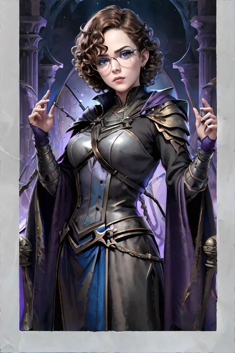 <lora:bzl:0.7>, <lora:gamecard:0.6>, Concept art, tarot card, flat illustration, bzl_test, short curly brown hair, (grey|blue) eyes, glasses, purple || masterpiece, perfect quality, sharp focus, shallow depth of field, 8k