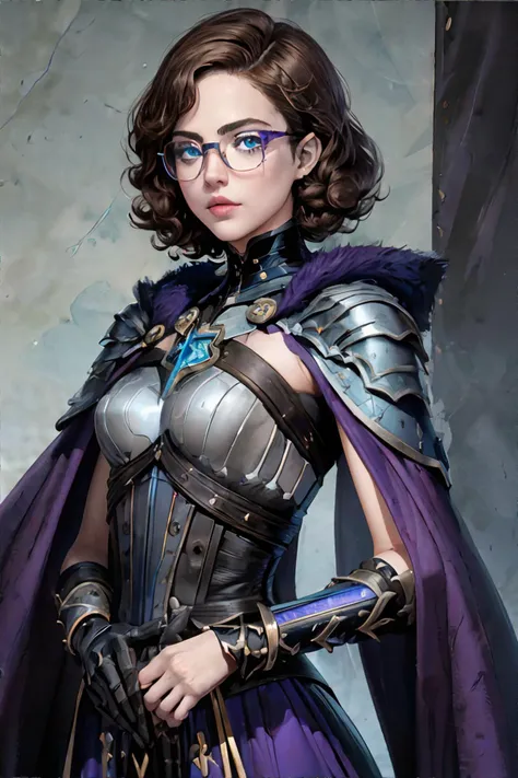 <lora:bzl:0.7>, <lora:gamecard:0.6>, Concept art, tarot card, flat illustration, bzl_test, short curly brown hair, (grey|blue) eyes, glasses, purple || masterpiece, perfect quality, sharp focus, shallow depth of field, 8k