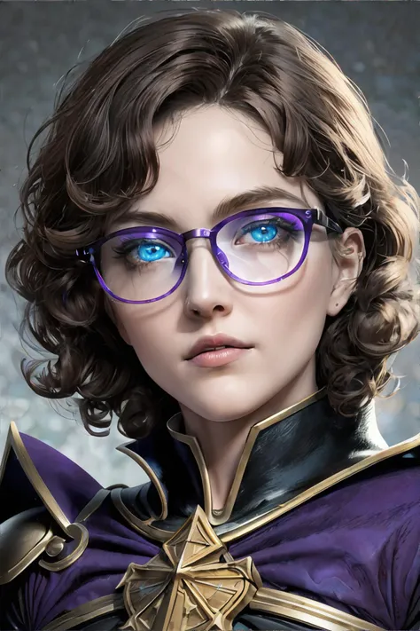 <lora:bzl:0.7>, <lora:gamecard:0.6>, Concept art, tarot card, flat illustration, bzl_test, short curly brown hair, (grey|blue) eyes, glasses, purple || masterpiece, perfect quality, sharp focus, shallow depth of field, 8k