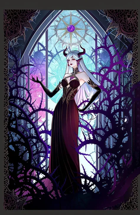 Concept art,tarot cards,borders,European patterns,1girl,dress,solo,long hair,stained glass,magic,breasts,long dress,horns,lipstick,thorns,gloves,bare shoulders,elbow gloves,<lora:kapaiV2:1>,