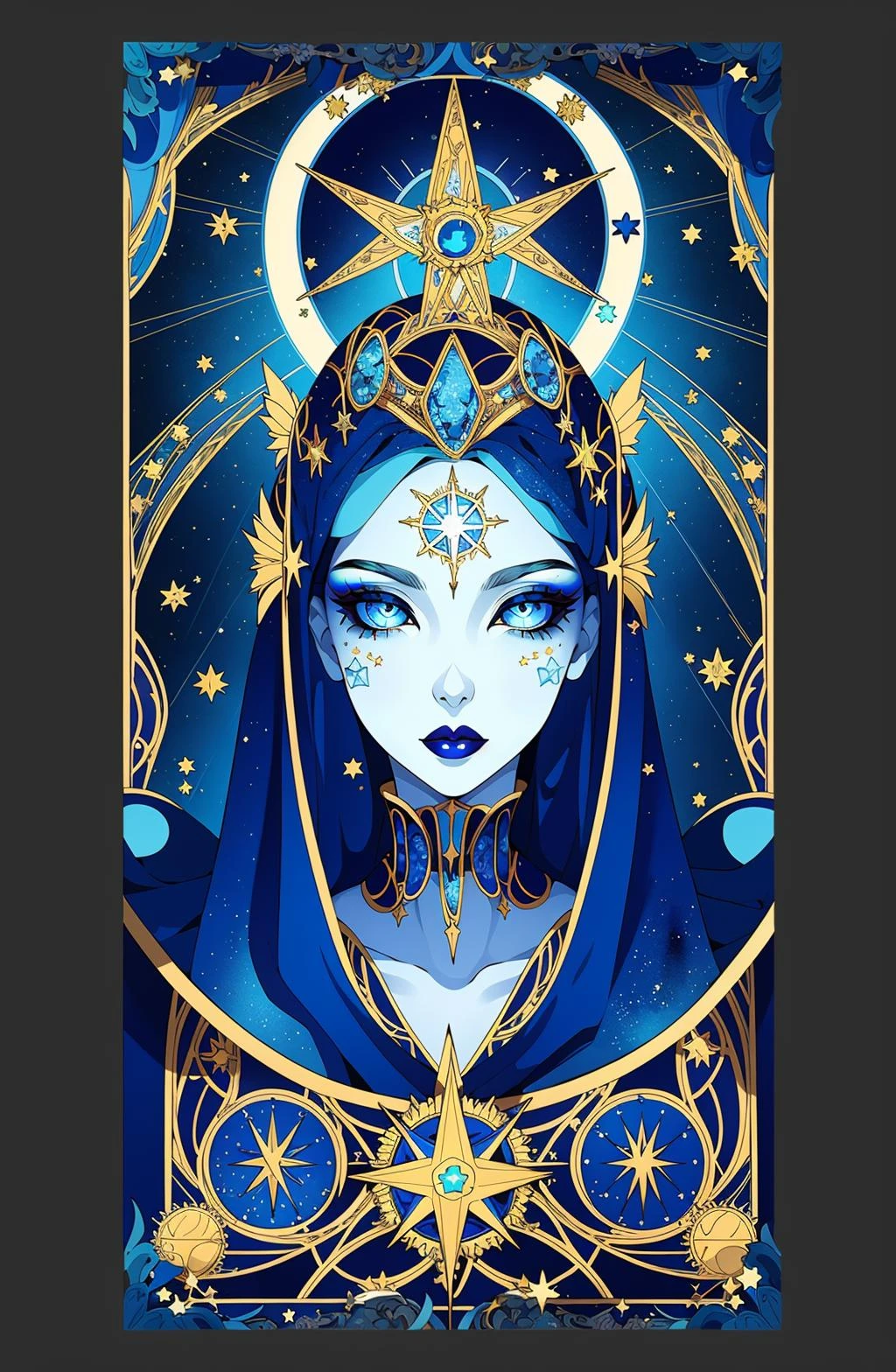 Concept art,tarot cards,borders,European patterns,tarot,solo,star (symbol),1girl,blue lips,blue eyes,sun symbol,makeup,card (medium),<lora:kapaiV2:0.8>,