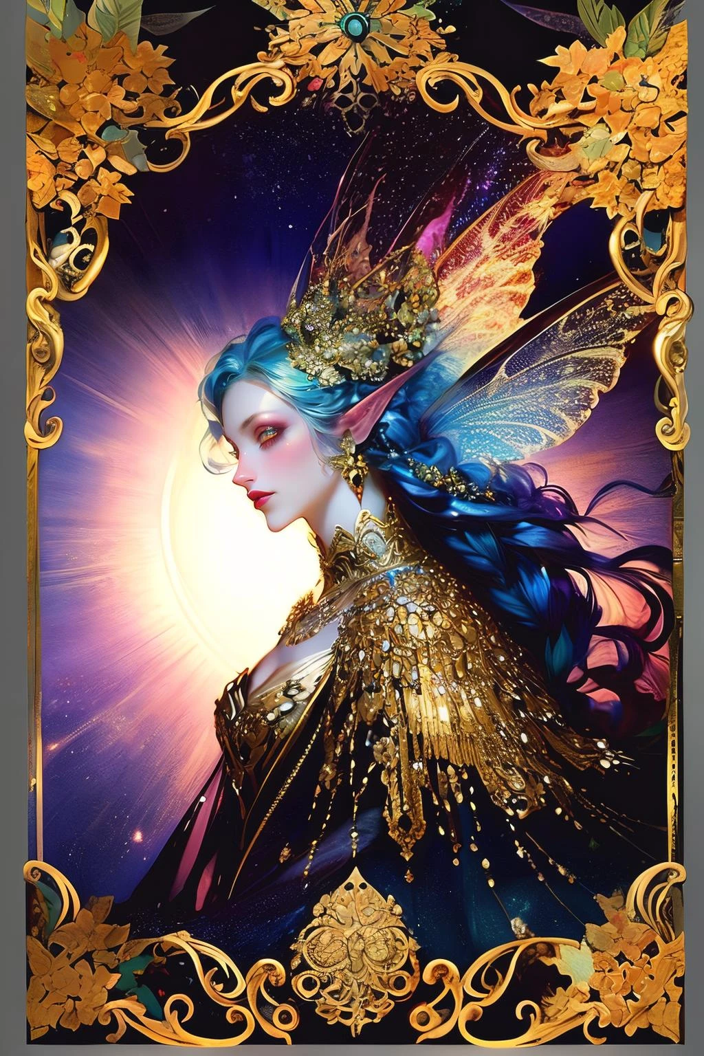 (((gold, silver, glimmer)), faerie),limited palette,contrast,phenomenal aesthetic,best quality,sumptuous artwork,portrait,1girl,multicolored hair,straight_hair,long hair,grey gradient hair,green eyes,red eyeshadow,longeyelashes,beautiful_detailed_eyes,thick lips,forehead jewel,jewelry,necklace,Concept art,tarot cards,borders,European motifs,stars (symbols),metal border,<lora:kapaiV2:1>,