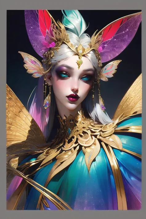(((gold, silver, glimmer)), faerie),limited palette,contrast,phenomenal aesthetic,best quality,sumptuous artwork,portrait,1girl,multicolored hair,straight_hair,long hair,grey gradient hair,green eyes,red eyeshadow,longeyelashes,beautiful_detailed_eyes,thick lips,forehead jewel,jewelry,necklace,magazine cover,<lora:Magazine:1>,Concept art,tarot cards,borders,<lora:kapaiV2:1>,