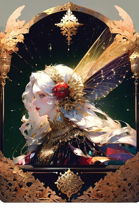 (((gold, silver, glimmer)), faerie),limited palette,contrast,phenomenal aesthetic,best quality,sumptuous artwork,portrait,1girl,multicolored hair,straight_hair,long hair,grey gradient hair,green eyes,red eyeshadow,longeyelashes,beautiful_detailed_eyes,thick lips,forehead jewel,jewelry,necklace,Concept art,tarot cards,borders,European motifs,stars (symbols),metal border,<lora:kapaiV2:1>,