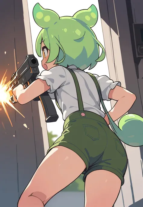 1girl,zundamon,voicevox ,<lora:zundamonXLv1:0.7>, shooting guns, firing, green hair, blush stickers, animal ears,white shirt, short sleeves, long hair, suspender shorts,shorts, puffy sleeves, low ponytail, hair ears,, masterpiece, best quality, highly detailed, ultra detailed, cinematic, dramatic