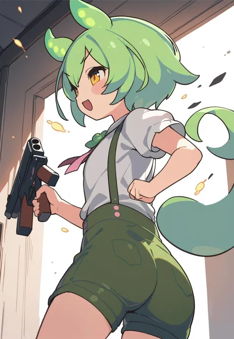 1girl,zundamon,voicevox ,<lora:zundamonXLv1:0.7>, shooting guns, firing, green hair, blush stickers, animal ears,white shirt, short sleeves, long hair, suspender shorts,shorts, puffy sleeves, low ponytail, hair ears,, masterpiece, best quality, highly detailed, ultra detailed, cinematic, dramatic
