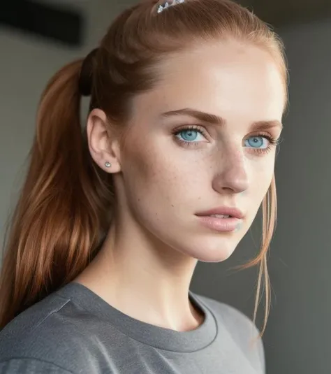 photo,8k,sharp focus,beautiful woman,close up,t-shirt,(detailed eyes:0.8),(looking at the camera:1.4),(highest quality),(best shadow),brown eyes,rim lighting,two tone lighting,dimly lit,low key,intricate details,interior,ponytails,ginger hair:1.3,open mouth:0.7,freckles