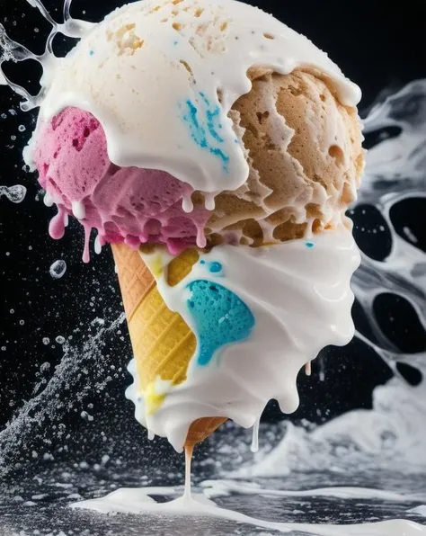 a ice cream, cake, liquid made of liquid splashes, merging, melting, splashing, droplets, mixing, fading away, exploding, swirling, intricate detail, modelshoot style, dreamlikeart, dramatic lighting. 8k, highly detailed,