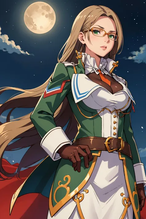 masterpiece, best quality, <lora:jihlnabaat-nvwls-v1-000009:0.9> jihl nabaat, glasses, green coat, orange necktie, belt, white skirt, brown gloves, pantyhose, large breasts, from below, furrowed brow, night sky, adjusting gloves