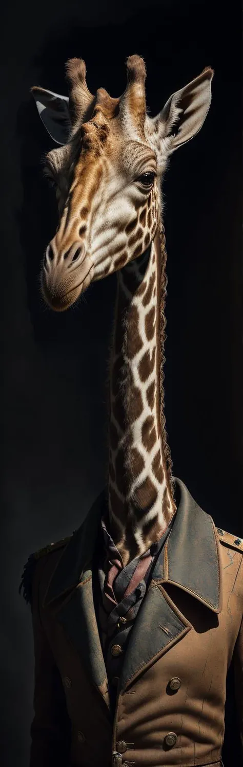 focus, blur,
equine, realistic, giraffe face, (extremely long neck:1.3),
military outfit,Epaulettes, Collar, napoleon outfit,
abstract, (best quality:1.3), ((masterpiece)), ((realistic)) , ,ankymoore, absurdres, intricate details, bloom, backlighting,, dramatic lighting
film grain, 85mm, focus,
<lyco:GoodHands-beta2:0.75>
<lora:ankymoore:0.35> <lora:add_detail:0.25>
<lora:LowRA:0.6> <lora:lightV1:0.5> <lora:GPTS3 animals_258424:0.67> <lora:AnimalClothes:0.5>