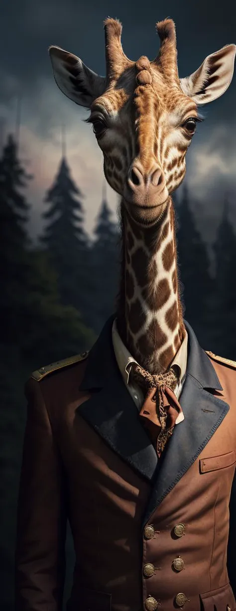 focus, blur,
equine, realistic, giraffe face, (extremely long neck:1.3),
military outfit,Epaulettes, Collar, napoleon outfit,
abstract, (best quality:1.3), ((masterpiece)), ((realistic)) ,  ,ankymoore, absurdres, intricate details,  bloom,  backlighting,, dramatic lighting
film grain, 85mm, focus,
<lyco:GoodHands-beta2:0.75>
<lora:ankymoore:0.35>  <lora:add_detail:0.25>
<lora:LowRA:0.6> <lora:lightV1:0.5> <lora:GPTS3 animals_258424:0.67> <lora:AnimalClothes:0.5>