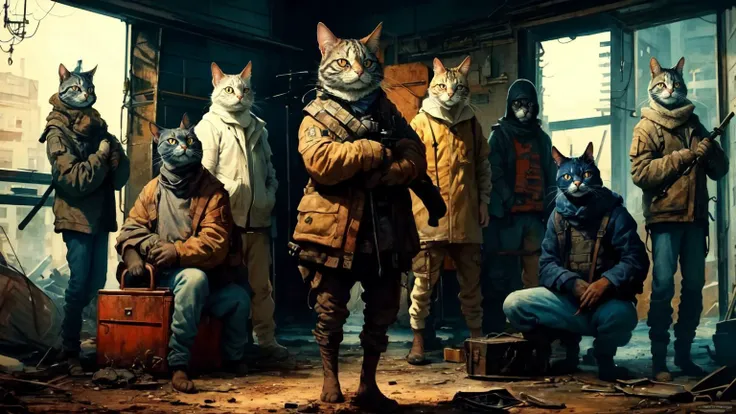 ((best quality)), ((masterpiece)), (detailed), 8K, wallpaper, HDR, detailed face, beautiful face, cat, post-apocalyptic,  <lora:GPTS3 animals_258424:1>