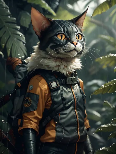 masterpiece, best quality, 8K, colorful, photorealistic, HDR, high detail, wallpaper, cat, <lora:GPTS3 animals_258424:1>, amazon forest, expedition suit, rain, wet