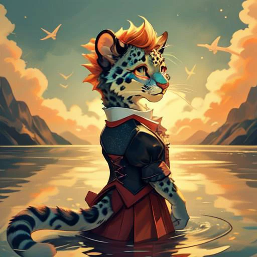 Happy sassy and smart, kawaii black teal purple pastel spots fluffy furry leopard wearing tailored elegant ruby glitter silk and lace Victorian gown and corset and skirt rippling in the wind on a beach with golden sunlight illuminating the water brightly, show full body