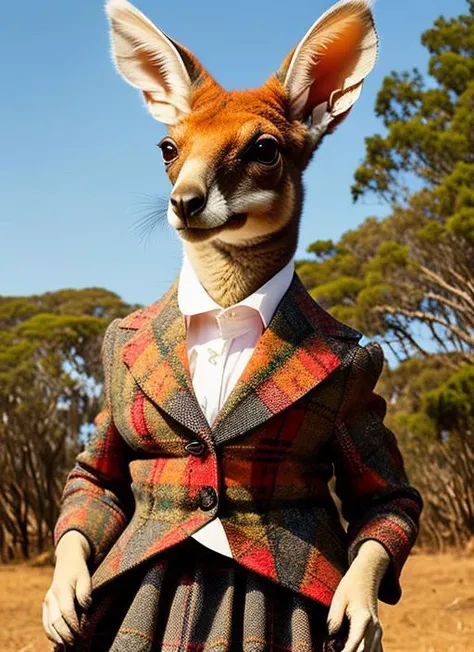 masterpiece, best quality, female kangaroo, realistic, plaid / tartan dress <lora:GPTS3 animals_258424:1>