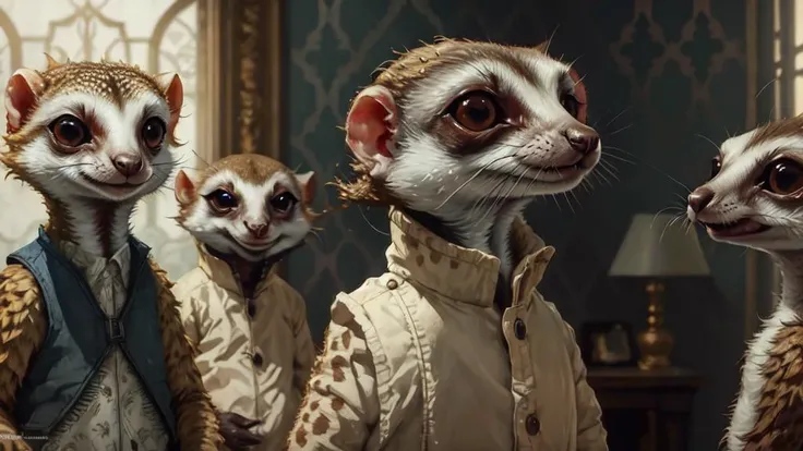 masterpiece, best quality, 8K, colorful, photorealistic, HDR, high detail, wallpaper, <lora:GPTS3 animals_258424:1>, Meerkats, multiple people, from side, wide view, indoors