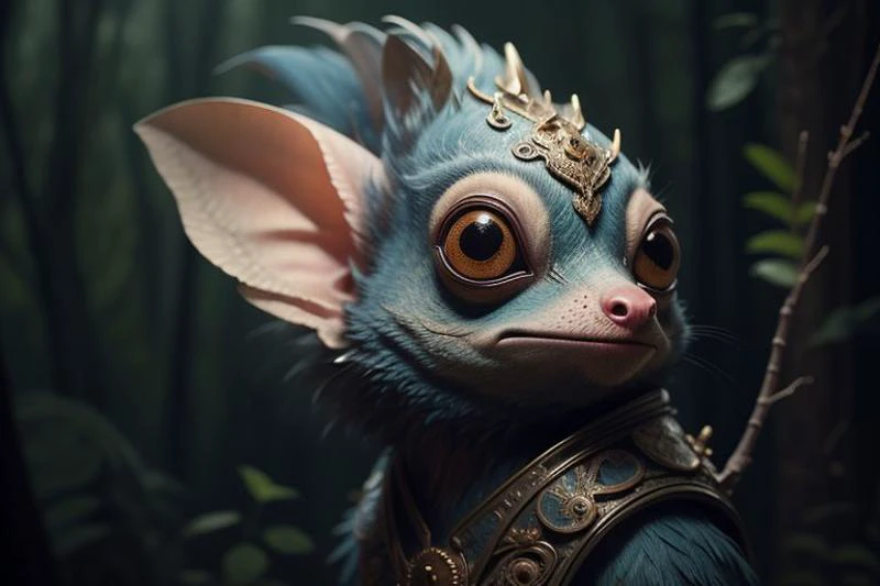 chibi,illustration of a little magical cute forest creature. The creature IS holding a branch, fantasy art, intricate details, style Jean - Baptiste Monge, style Alan Lee, anthropomorphic creature, scene from a , dramatic shot angle, looking forward , atmospheric particles, Real, raw cinematic photorealism, action portrait, detailed, centered, <lora:KatanaOneHandV5:0.8>, <lora:Fancy animal portraits v2:1>