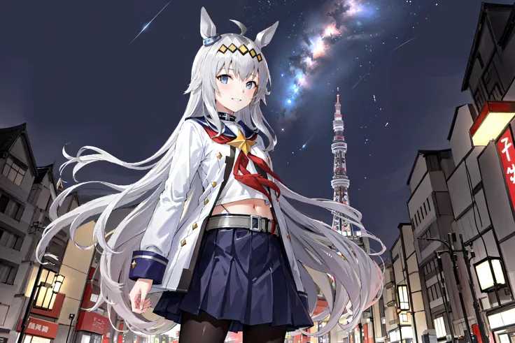 (masterpiece:1.2), best quality,fantasy, Night scene, scenery, sky, cloud, night, star (sky), outdoors,((Tokyo tower)),  fantasy, starry sky, night sky,cloudy sky,meteor, 1girl,solo,oguri cap \(umamusume\), blue skirt, long sleeves, belt, pleated skirt, black pantyhose, red neckerchief, midriff, navel, white shirt, jacket, blue sailor collar, <lora:oguri_cap_lora:0.7>,standing,smile