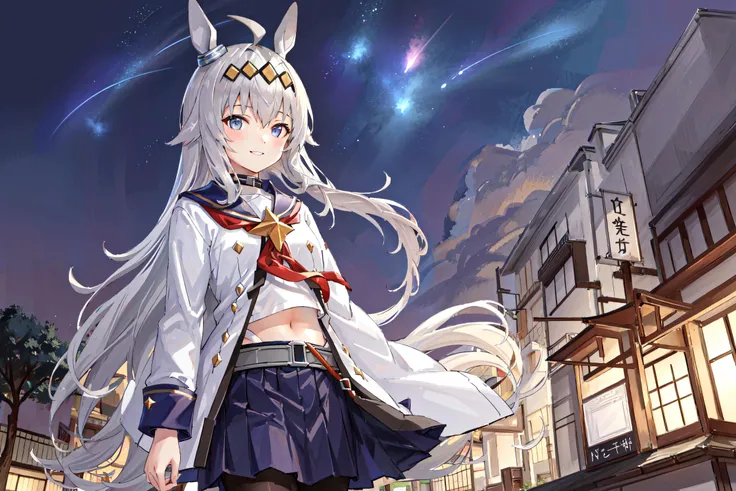 (masterpiece:1.2), best quality,fantasy, Night scene, scenery, sky, cloud, night, star (sky), outdoors,((Tokyo tower)),  fantasy, starry sky, night sky,cloudy sky,meteor, 1girl,solo,oguri cap \(umamusume\), blue skirt, long sleeves, belt, pleated skirt, black pantyhose, red neckerchief, midriff, navel, white shirt, jacket, blue sailor collar, <lora:oguri_cap_lora:0.7>,standing,smile