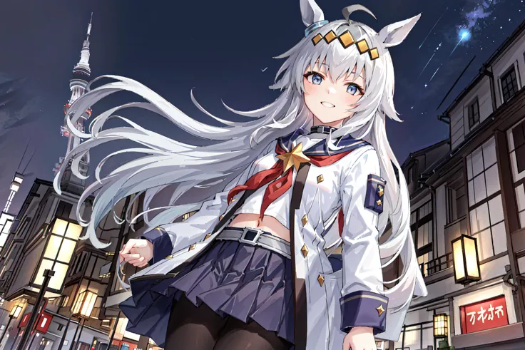 (masterpiece:1.2), best quality,fantasy, Night scene, scenery, sky, cloud, night, star (sky), outdoors,((Tokyo tower)), fantasy, starry sky, night sky,cloudy sky,meteor, 1girl,solo,oguri cap \(umamusume\), blue skirt, long sleeves, belt, pleated skirt, black pantyhose, red neckerchief, midriff, navel, white shirt, jacket, blue sailor collar, <lora:oguri_cap_lora:0.7>,standing,smile