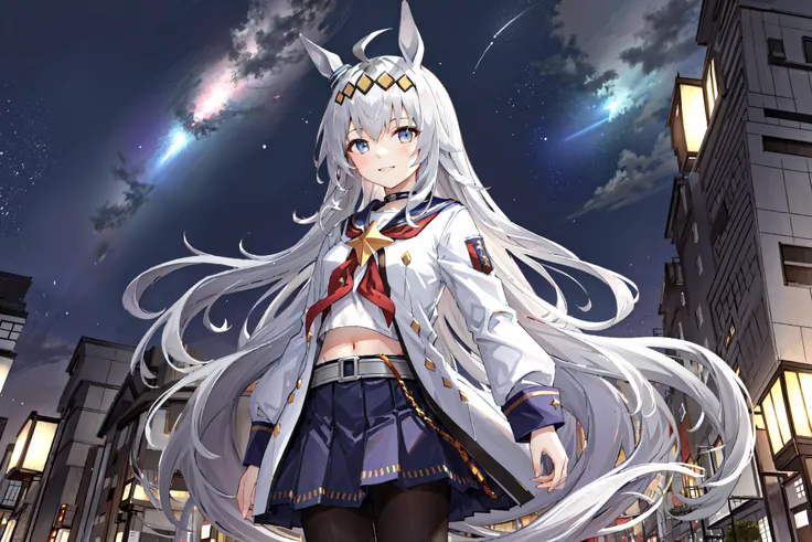 (masterpiece:1.2), best quality,fantasy, Night scene, scenery, sky, cloud, night, star (sky), outdoors,((Tokyo tower)), fantasy, starry sky, night sky,cloudy sky,meteor, 1girl,solo,oguri cap \(umamusume\), blue skirt, long sleeves, belt, pleated skirt, black pantyhose, red neckerchief, midriff, navel, white shirt, jacket, blue sailor collar, <lora:oguri_cap_lora:0.7>,standing,smile