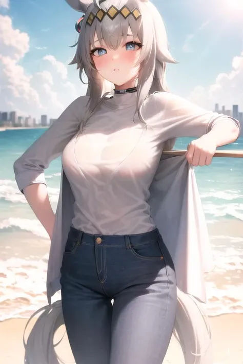 (8k, RAW photo, best quality, masterpiece),(solo,1girl, cowboy shot, ahoge:1.2),cityscape, sunlight, professional lighting, photon mapping, radiosity, physically-based rendering,one the beach,
oguri cap \(umamusume\), nose blush,parted lips,rape face,center opening, heart-shaped pupils,
white shirt, light brown cardigan, open clothes,jeans
horse tail, horse girl, glint,hair covering ears,horse ears,