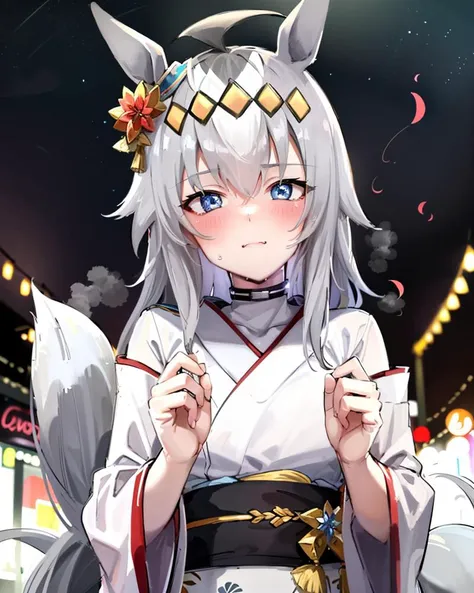 nose blush,closed mouth,smile,drooling, looking at viewer, smiling, wearing traditional Japanese clothing, print kimono,obi, sakura tree, petals falling, confident expression,aerial fireworks,night sky,floral print, starry sky, tanabata,wide sleeves,glowing eyes,steam, holding fireworks,steaming_body ,fox mask, collarbone,
(8k, RAW photo,ultra-detailed, intricate details, best quality,illustration,highres, best quality, masterpiece),(solo,1girl, cowboy shot), professional lighting, photon mapping, radiosity, physically-based rendering,on the beach,horse tail, horse girl, glint,hair covering ears,horse ears, ahegao,
oguri cap \(umamusume\),