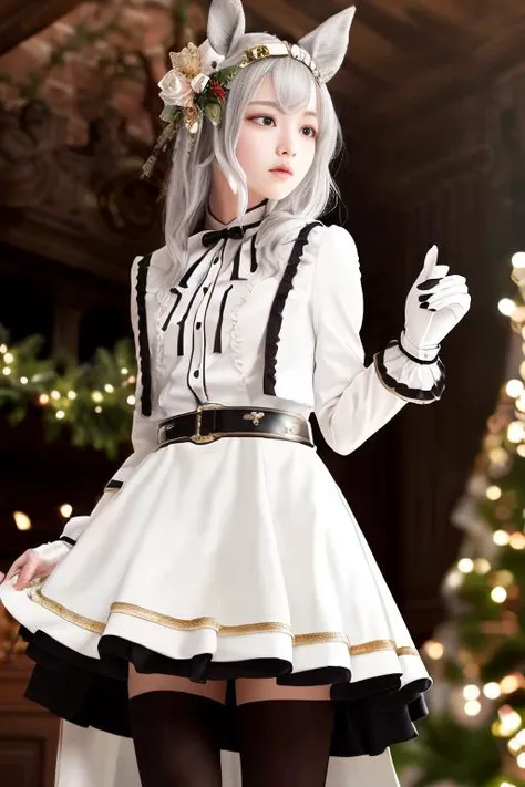 ((cinematic still shot)), ((cinematic photography)), ((HDR)), original, an extremely delicate and beautiful, intricate detail, dynamic, dynamic composition, dynamic angle
<lora:oguriCapUmamusume_v10:0.7>, oguri cap \(umamusume\), animal_ears, horse_ears, hair_ornament, christmas hair ornament, white gloves, white jacket, black pantyhose, white shirt, frills, white skirt, white vest, belt, grey legwear
