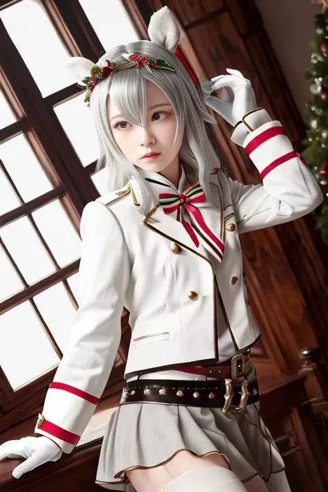 ((cinematic still shot)), ((cinematic photography)), ((HDR)), original, an extremely delicate and beautiful, intricate detail, dynamic, dynamic composition, dynamic angle
<lora:oguriCapUmamusume_v10:0.7>, oguri cap \(umamusume\), animal_ears, horse_ears, hair_ornament, christmas hair ornament, white gloves, white jacket, black pantyhose, white shirt, frills, white skirt, white vest, belt, grey legwear
