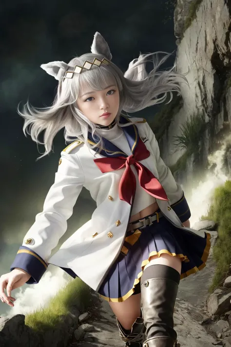 ((cinematic still shot)), ((cinematic photography)), ((HDR)), original, an extremely delicate and beautiful, intricate detail, dynamic, dynamic composition, dynamic angle
<lora:oguriCapUmamusume_v10:0.7>, oguri cap \(umamusume\), hair_ornament, navel, blue skirt, long sleeves, pleated skirt, sailor collar, red neckerchief, belt, black pantyhose, white jacket, white shirt, grey footwear, fur-trimmed boots