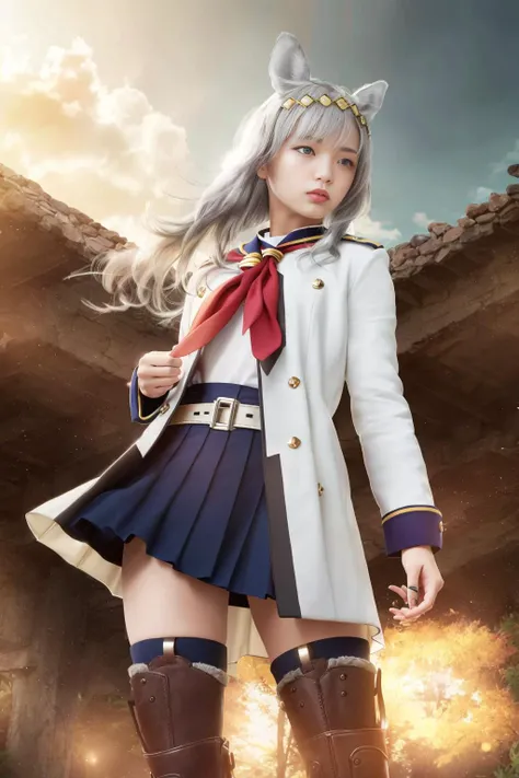 ((cinematic still shot)), ((cinematic photography)), ((HDR)), original, an extremely delicate and beautiful, intricate detail, dynamic, dynamic composition, dynamic angle
<lora:oguriCapUmamusume_v10:0.7>, oguri cap \(umamusume\), hair_ornament, navel, blue skirt, long sleeves, pleated skirt, sailor collar, red neckerchief, belt, black pantyhose, white jacket, white shirt, grey footwear, fur-trimmed boots