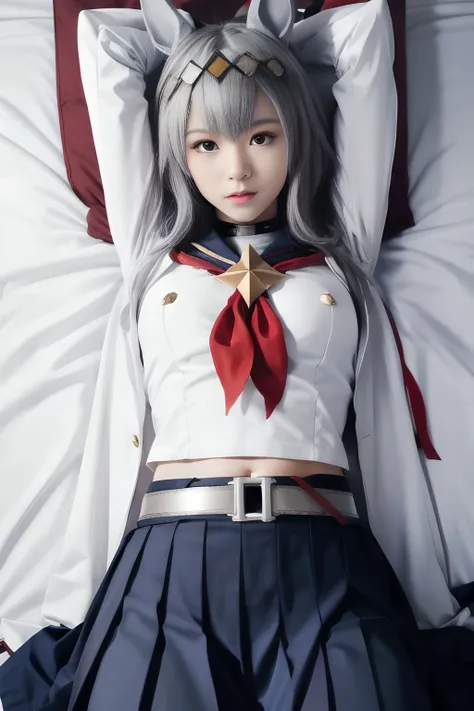masterpiece, best quality, oguri cap \(umamusume\), blue skirt, long sleeves, belt, pleated skirt, black pantyhose, red neckerchief, midriff, navel, white shirt, jacket, blue sailor collar, lying on bed ,nsfw,shy,legs apart <lora:oguri_cap_lora:0.7>