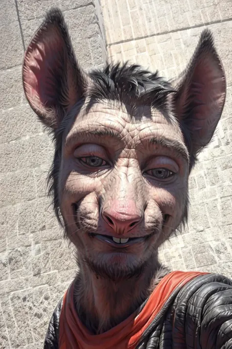 anthro adult rat, male focus, daniel larson, simple background, masterpiece, best quality, skinny, looking at viewer, portrait, (realistic fur, detailed fur texture:1.2), realistic, photorealism, highly detailed, short black hair, (buckteeth:1.2), animal ears, ugly, street background, grin, selfie, snout, squint, teeth, vivid colors, <lora:Daniel Larson:1>